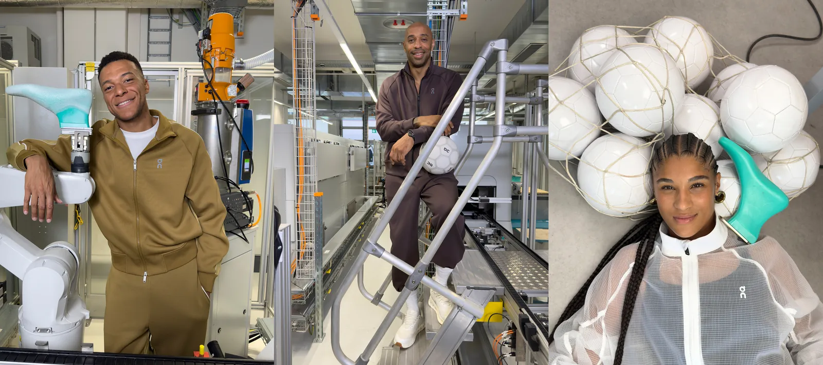 Trois portraits côte à côte : Kylian Mbappé accoudé à un bras robotisé, Thierry Henry sur un escalier métallique, Sydney Schertenleib allongée sous un filet de ballons blancs
