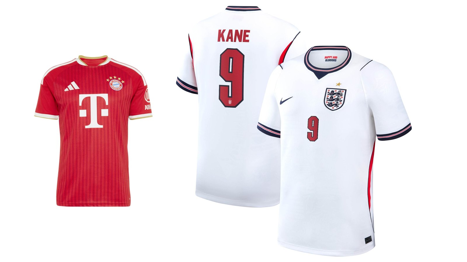 Deux maillots de football sur fond blanc : à gauche le maillot domicile rouge du Bayern Munich 2026-27, à droite le maillot blanc de l’Angleterre vu de dos et de face, floqué Kane 9