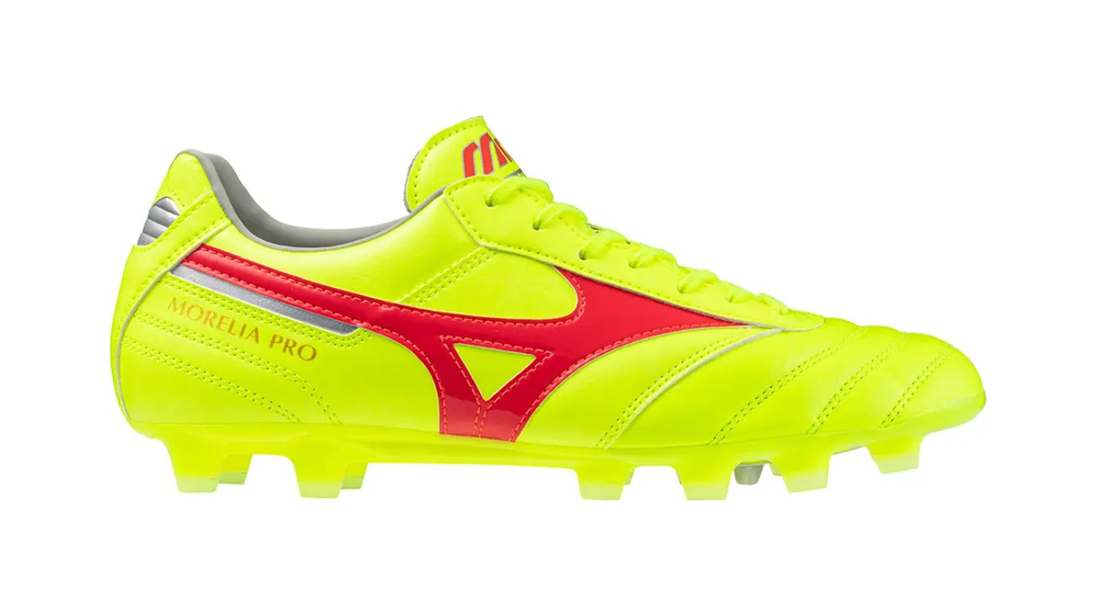 Chaussure de football Mizuno Morelia Pro jaune fluo et rouge, vue de profil