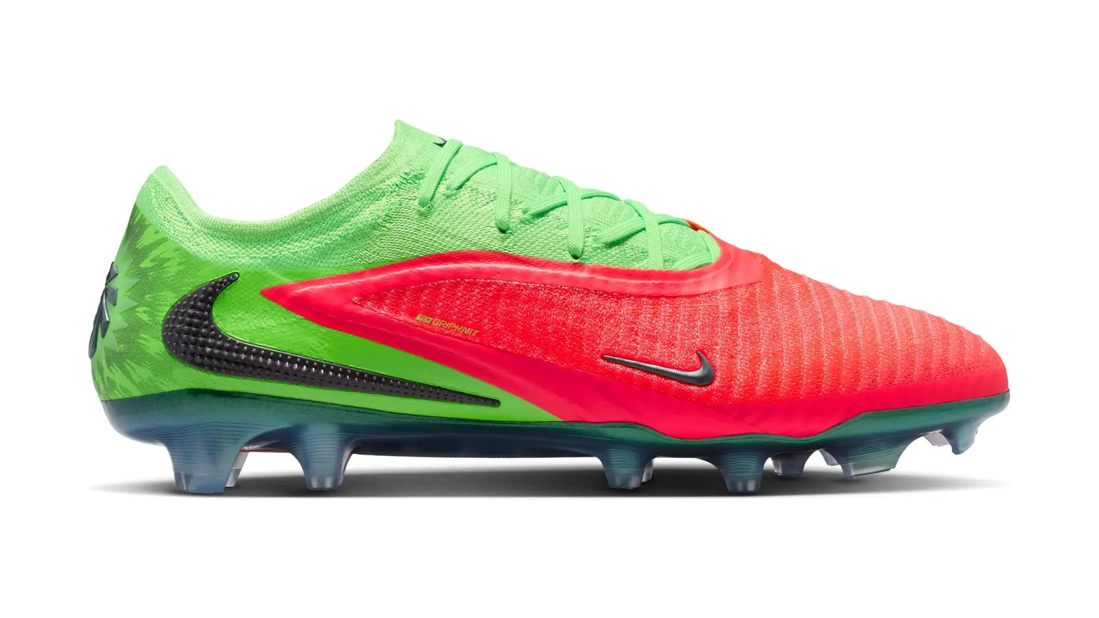 La chaussure de football Nike Phantom 6 Low Elite rouge et verte, vue de profil