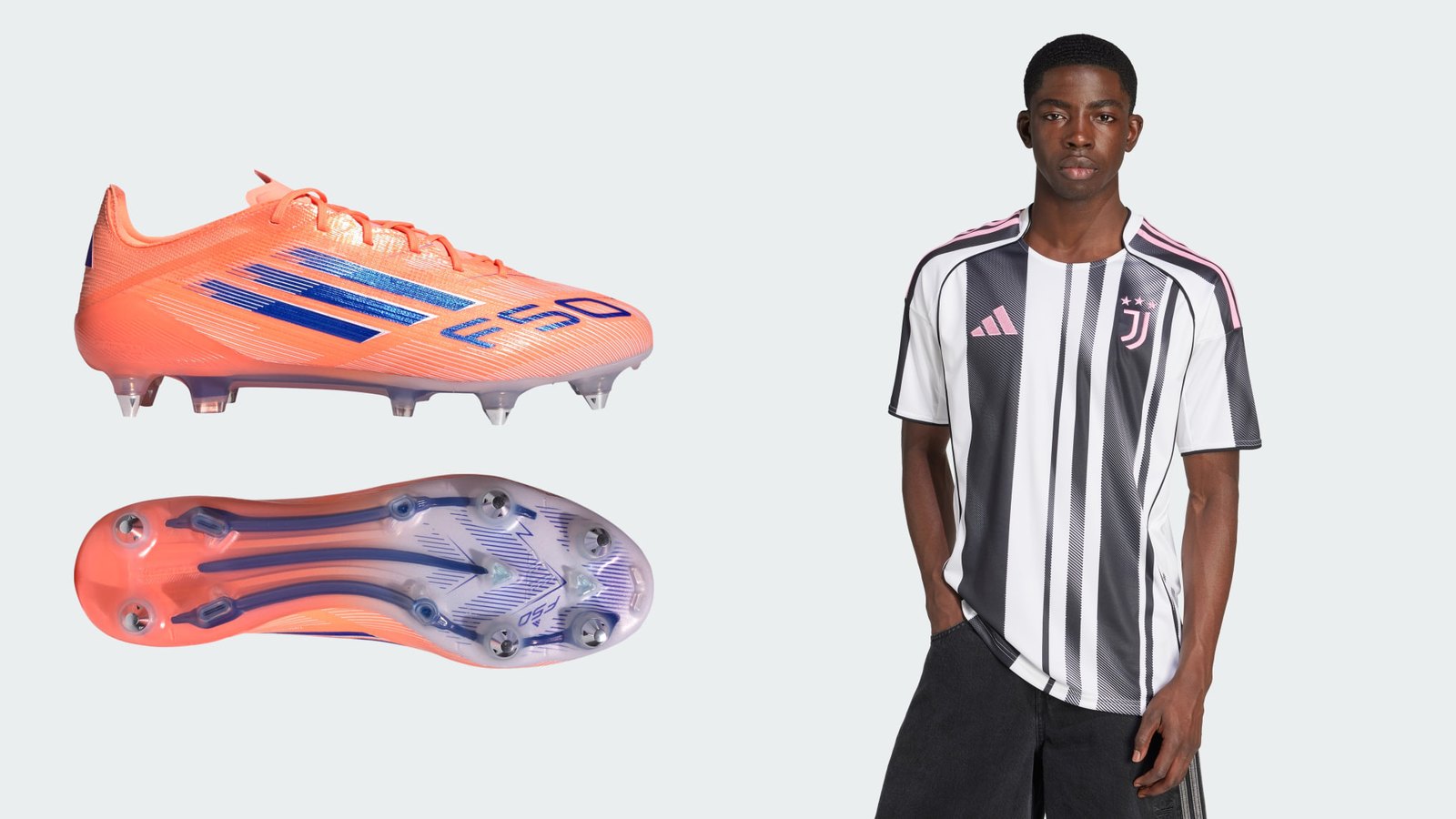 À gauche une chaussure de football adidas F50 Elite orange et bleue vue de profil et de dessous, à droite un joueur portant le maillot domicile blanc et noir de la Juventus 2025/26