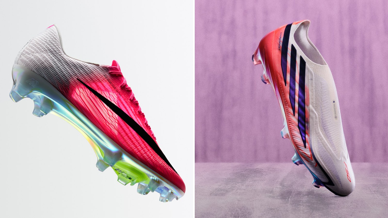 À gauche une chaussure de football Nike Mercurial Superfly 11 rose et blanche sur fond gris clair, à droite une adidas F50 Hyperfast blanche à bandes violettes sur fond violet