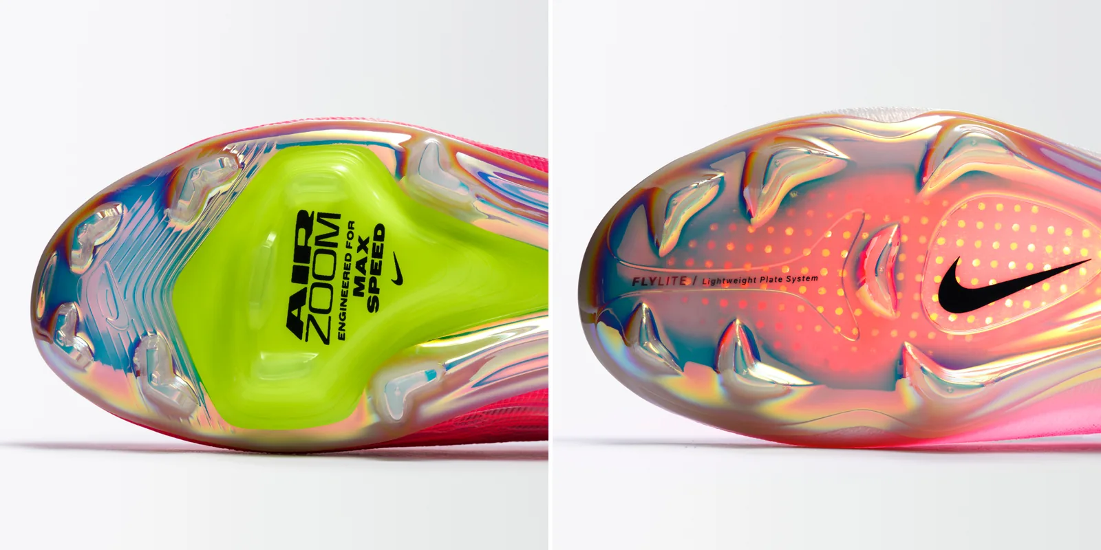 Deux semelles de chaussures de football Nike en gros plan : à gauche une unité jaune marquée Air Zoom Engineered for Max Speed, à droite une plaque translucide orange marquée FlyLite