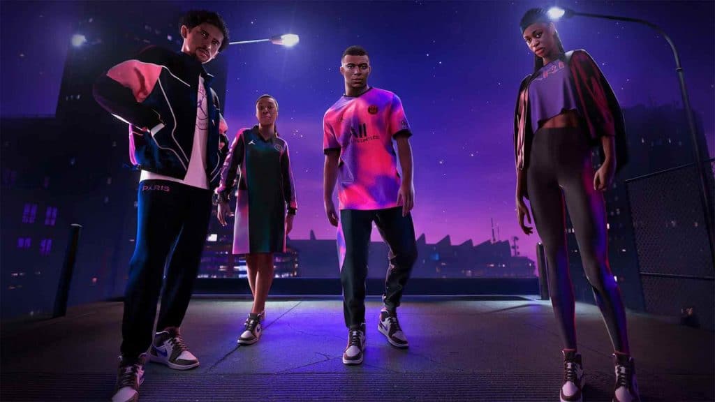 Joueurs du Paris Saint-Germain dans le 4e maillot rose et violet 2020-2021 de Jordan Brand