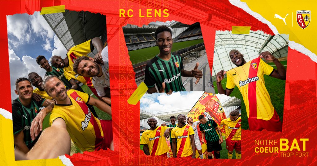 Visuel des maillots 2021-2022 du RC Lens, avec des supporters et des joueurs