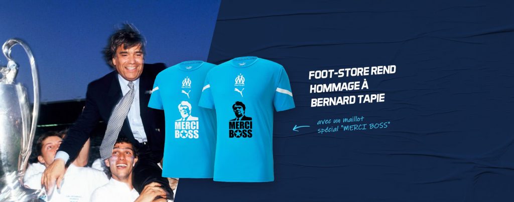 Visuel Foot Store en hommage à Bernard Tapie, avec des maillots bleu ciel « Merci Boss »