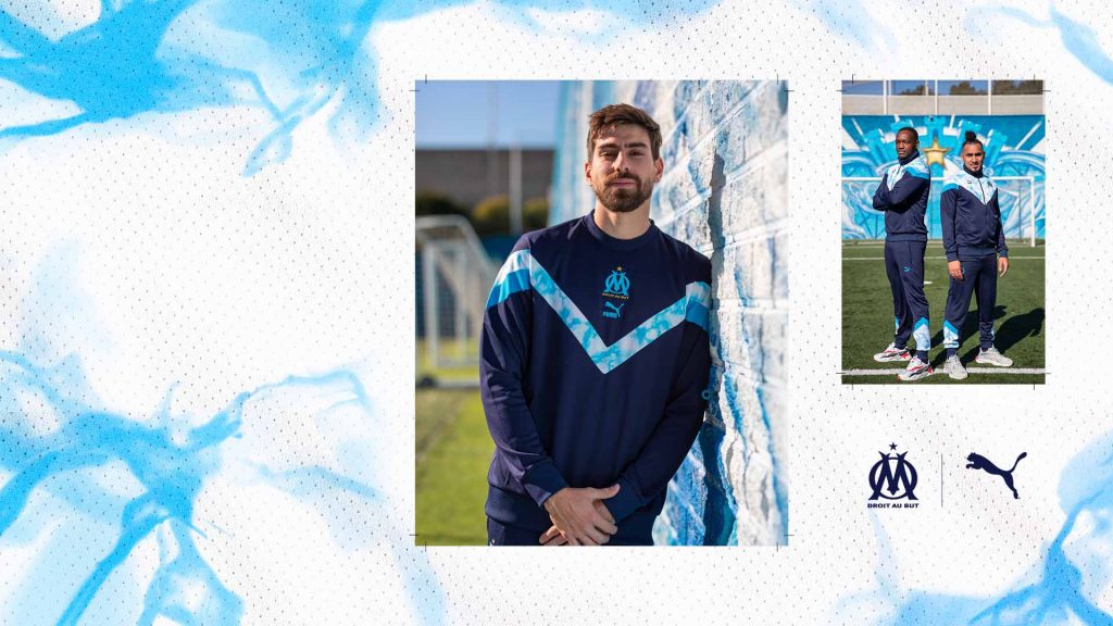 Visuel de la collection Puma Iconic de l’Olympique de Marseille, avec un joueur en haut bleu marine