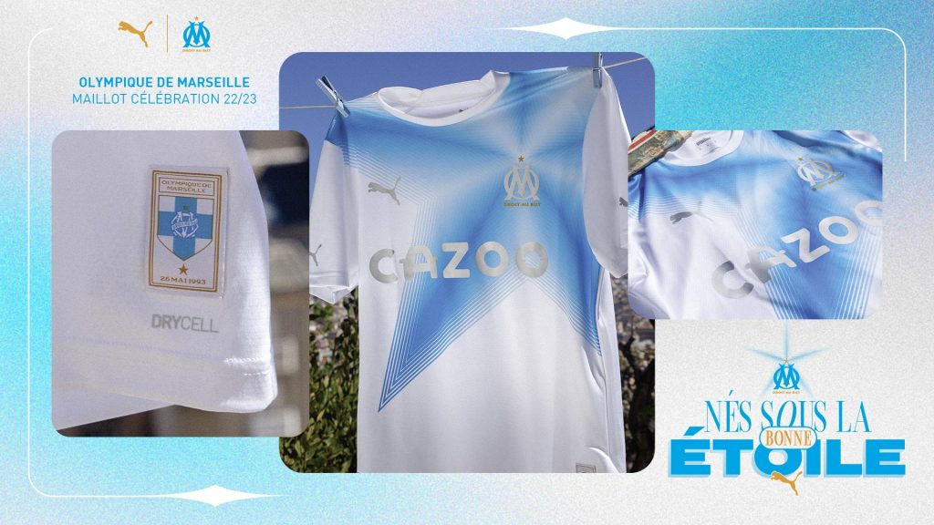 Maillot blanc et bleu ciel « Célébration » de l’Olympique de Marseille