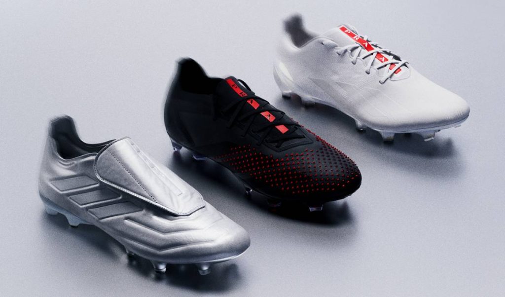 Trois chaussures de football adidas x Prada, argentée, noire et blanche