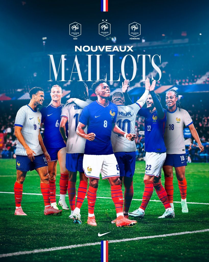 Joueurs de l’équipe de France dans les maillots bleu et blanc de l’Euro 2024, sous le titre « Nouveaux maillots »